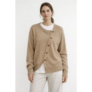 Womens XL Reworked Asymmetrical Button Cardigan Sweater Camel Scandi Style